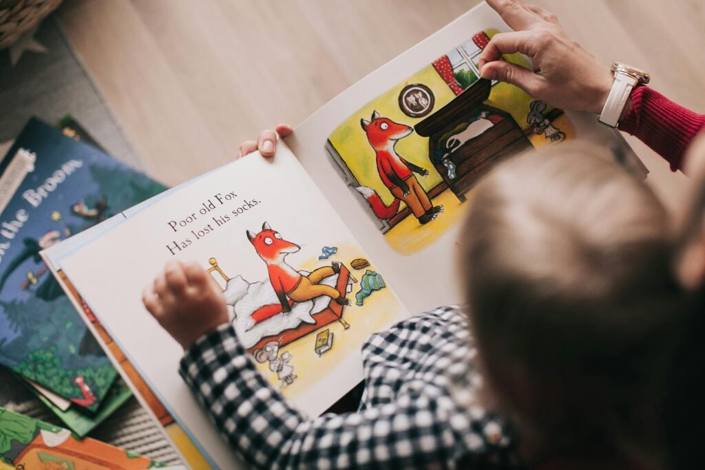 Raising Bilingual Babies: The Power of Early Language & Emotional Connection A child and adult reading an illustrated storybook together in a cozy setting.